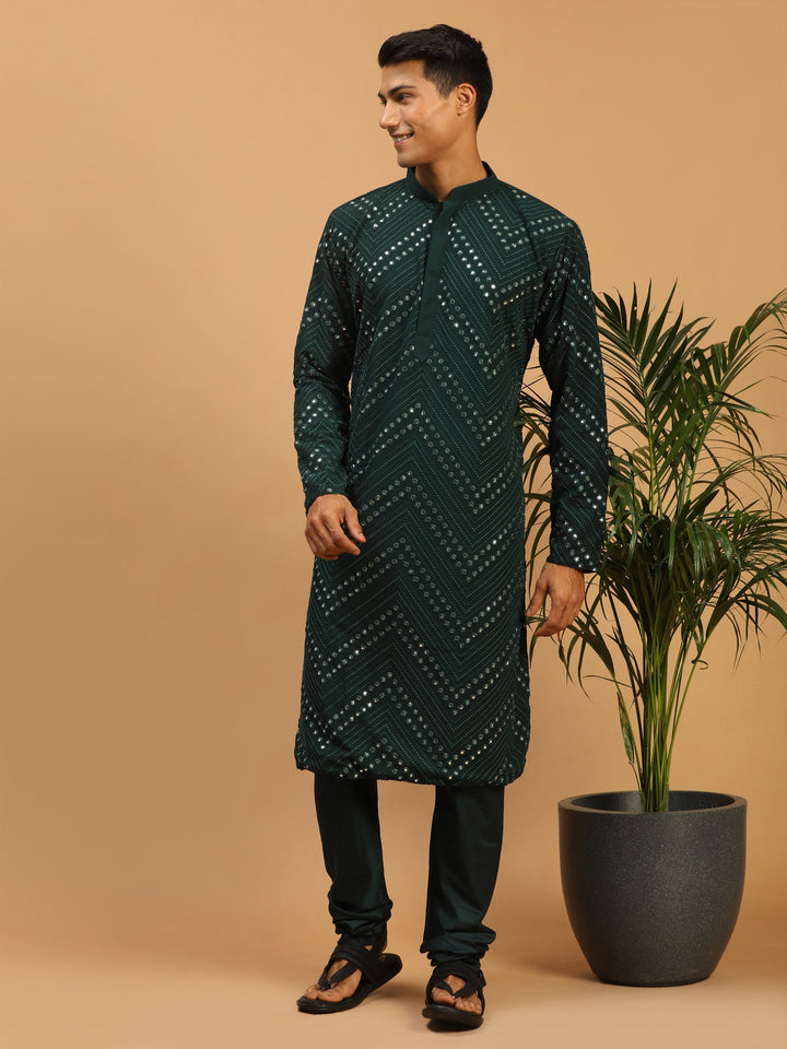 Sarvati Men's Green Mirror Kurta Pyjama Set