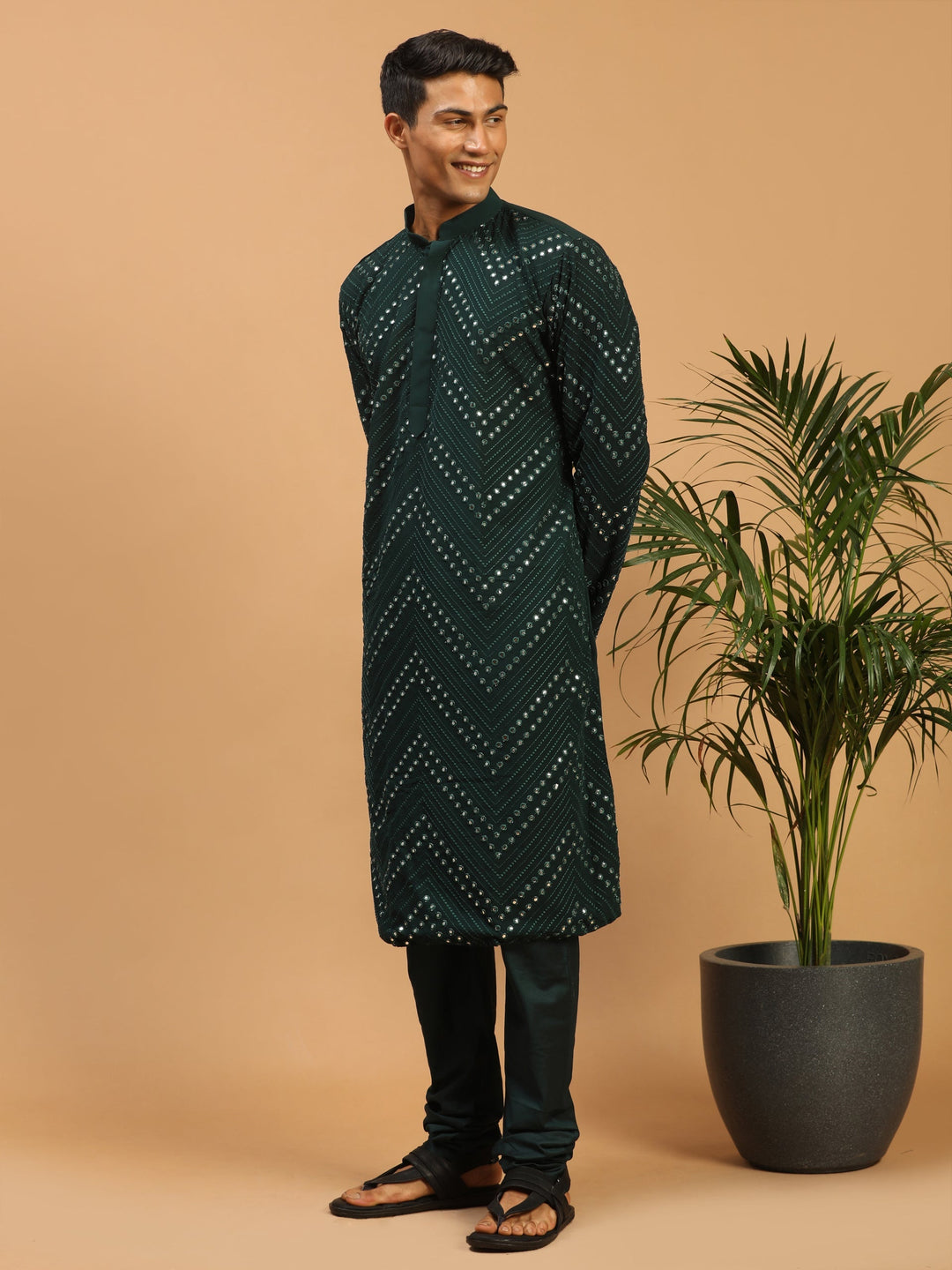 Sarvati Men's Green Mirror Kurta Pyjama Set