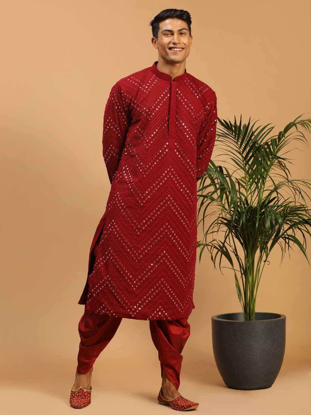 Sarvati Men's Maroon Mirror Kurta Dhoti Set