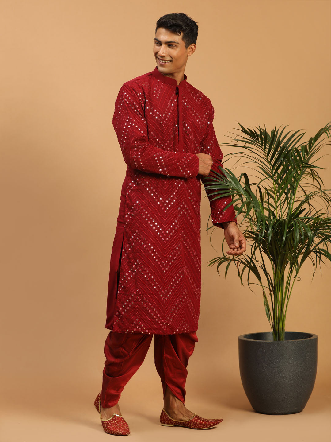 Sarvati Men's Maroon Mirror Kurta Dhoti Set