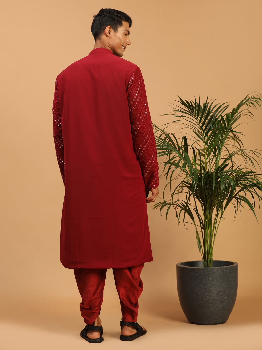 Sarvati Men's Maroon Mirror Kurta Dhoti Set