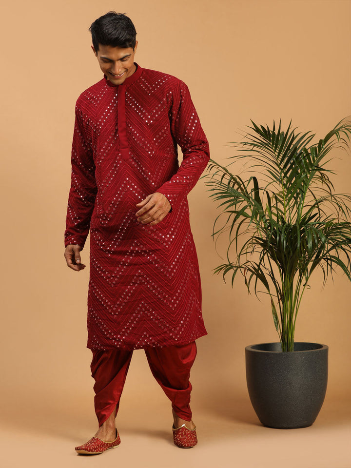 Sarvati Men's Maroon Mirror Kurta Dhoti Set