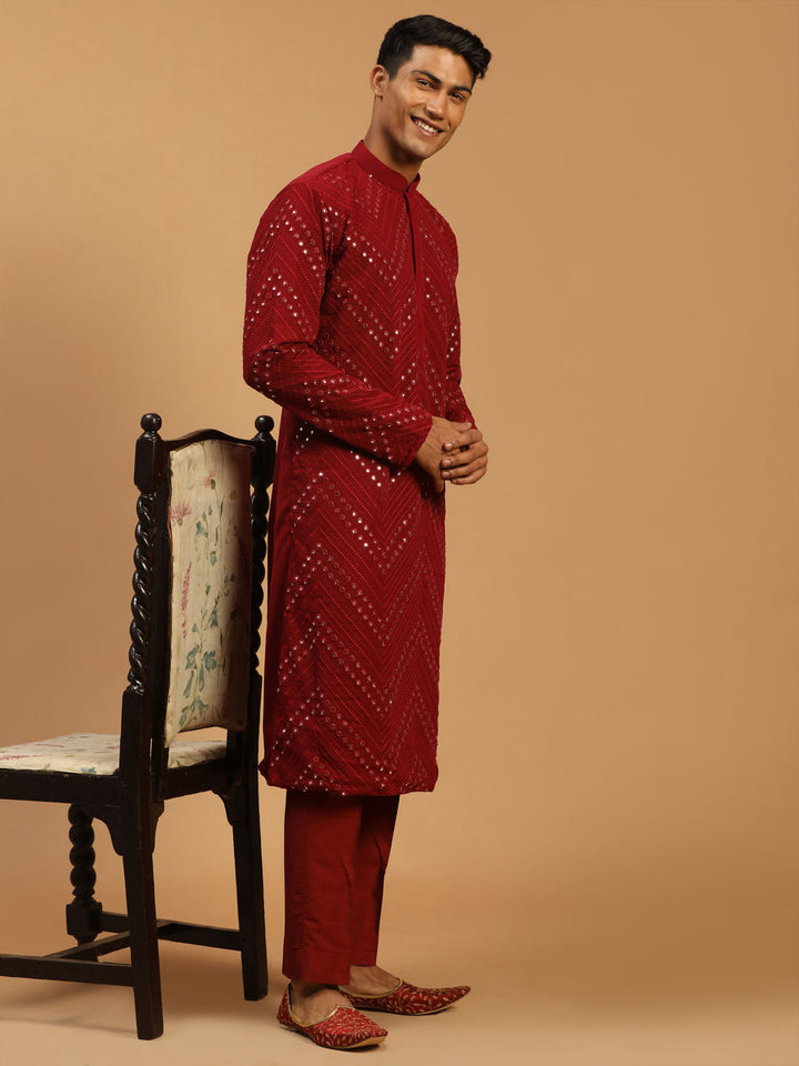 Sarvati Men's Maroon Mirror Kurta pant Set