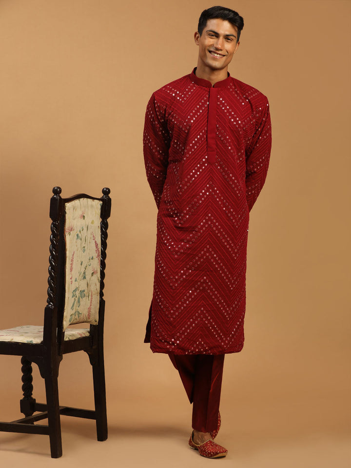 Sarvati Men's Maroon Mirror Kurta pant Set