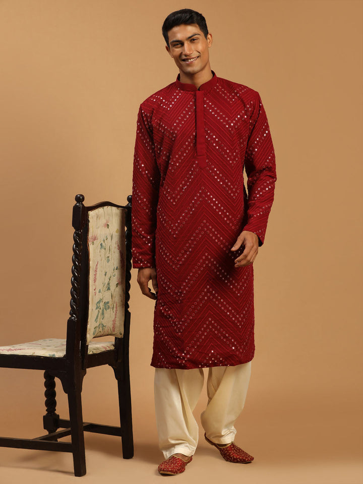 Sarvati Men's Maroon Mirror Kurta With Patiala Set