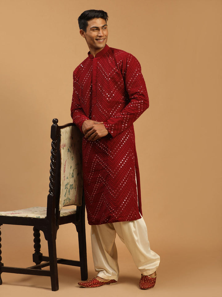 Sarvati Men's Maroon Mirror Kurta With Patiala Set