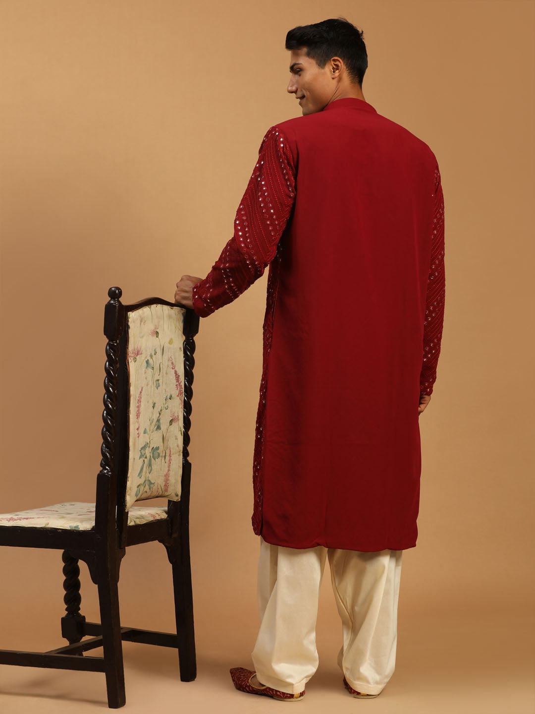 Sarvati Men's Maroon Mirror Kurta With Patiala Set