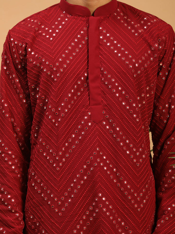 Sarvati Men's Maroon Mirror Kurta With Patiala Set