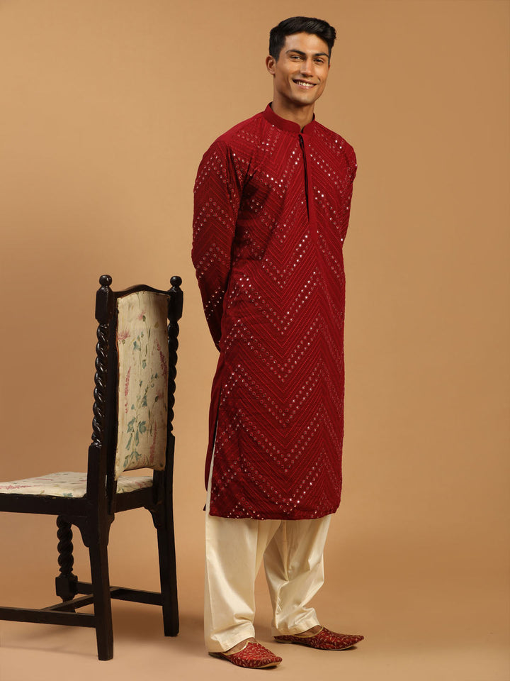 Sarvati Men's Maroon Mirror Kurta With Patiala Set