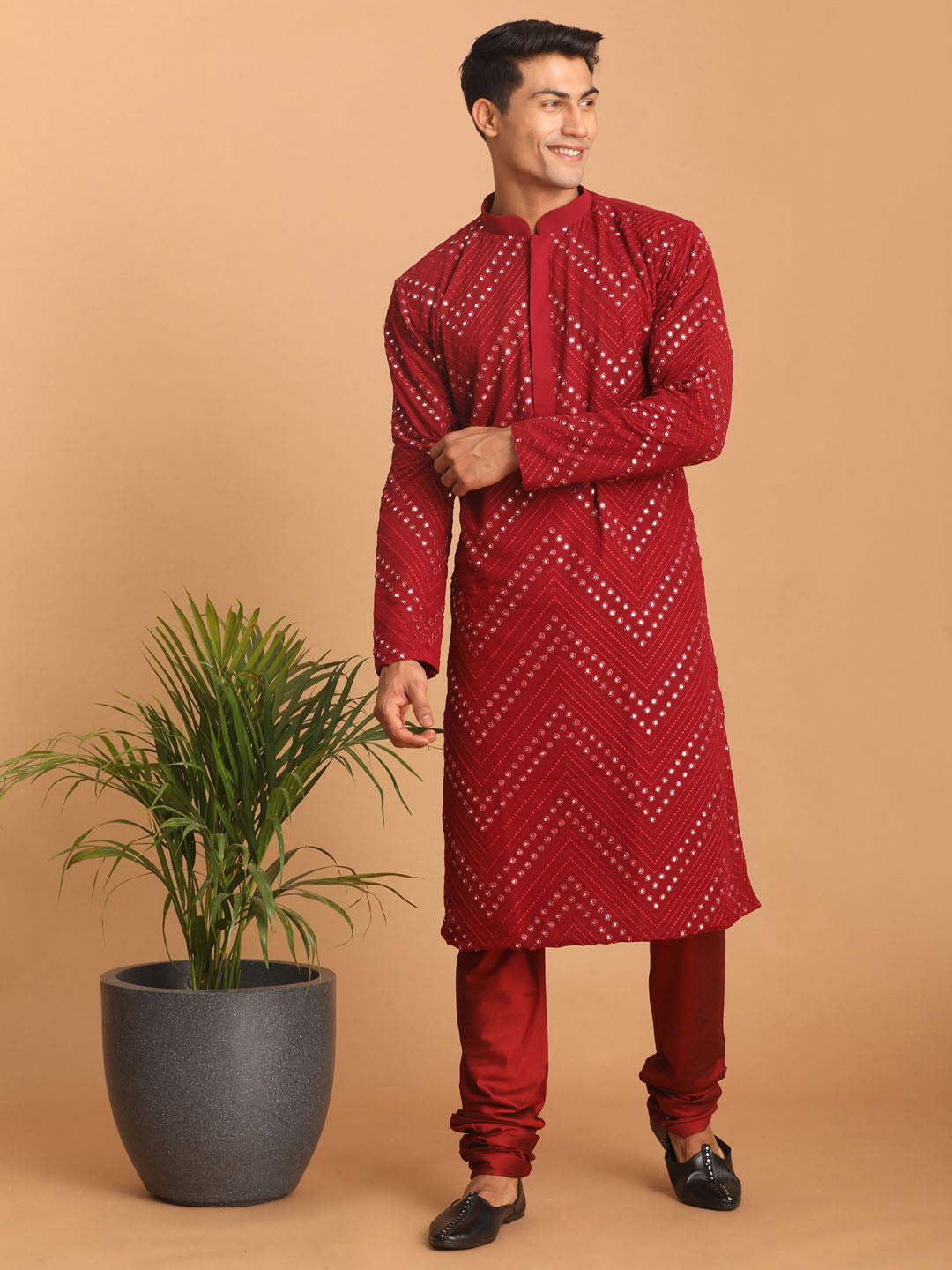 Sarvati Men's Maroon Mirror Kurta Pyjama Set