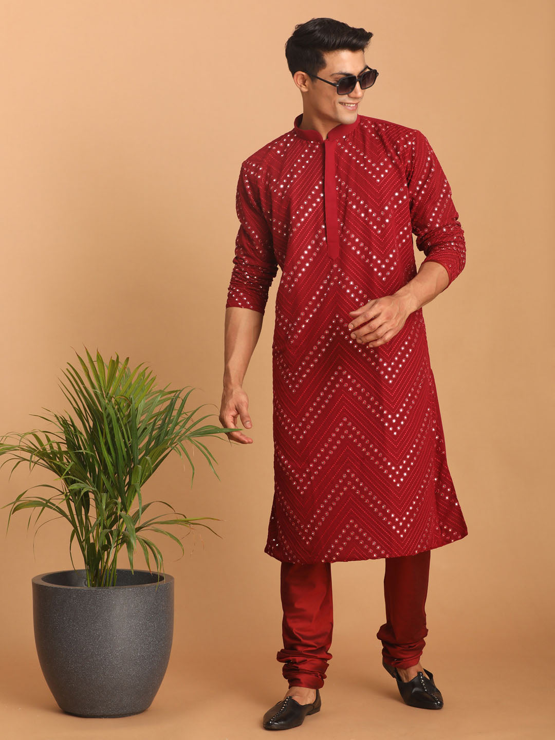 Sarvati Men's Maroon Mirror Kurta Pyjama Set