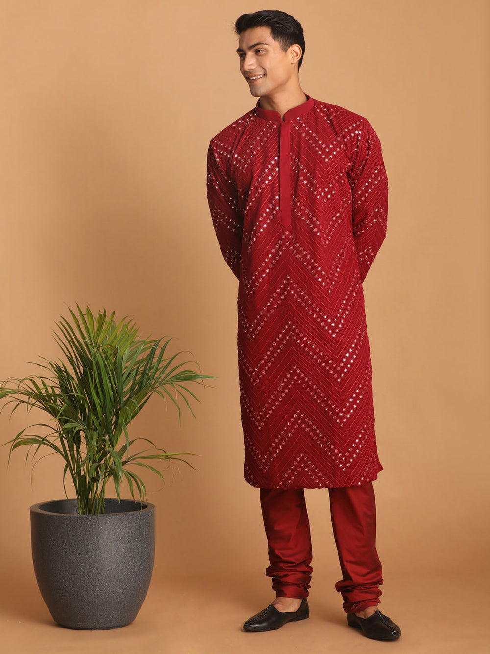 Sarvati Men's Maroon Mirror Kurta Pyjama Set