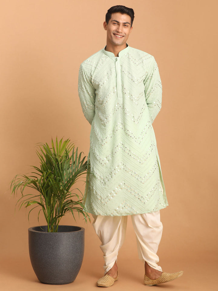 Sarvati Men's Mint Green Mirror Kurta Dhoti Set