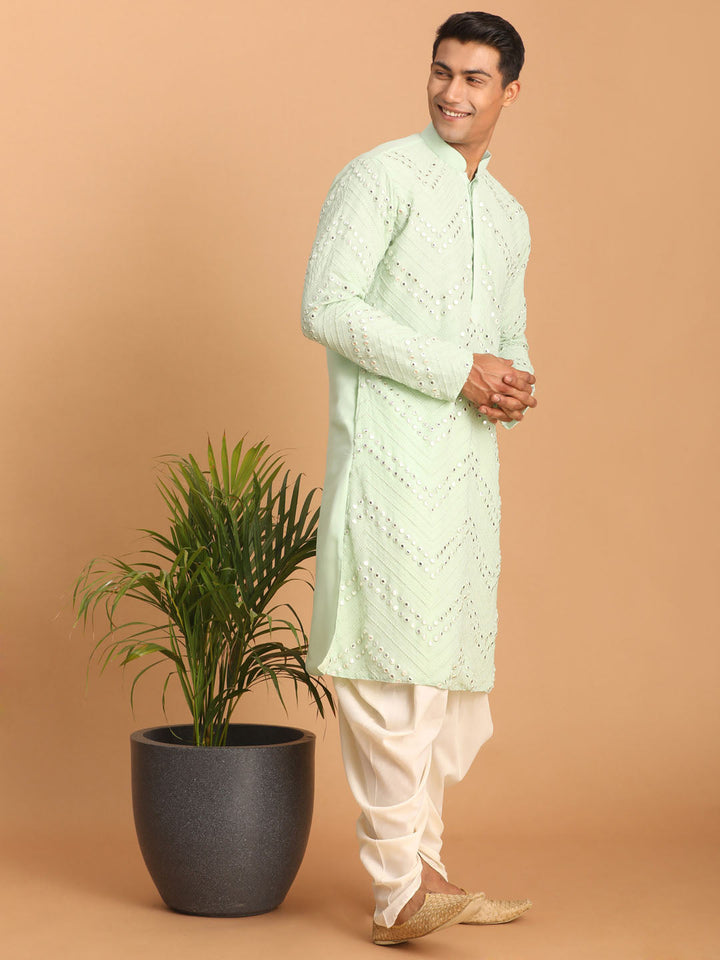 Sarvati Men's Mint Green Mirror Kurta Dhoti Set