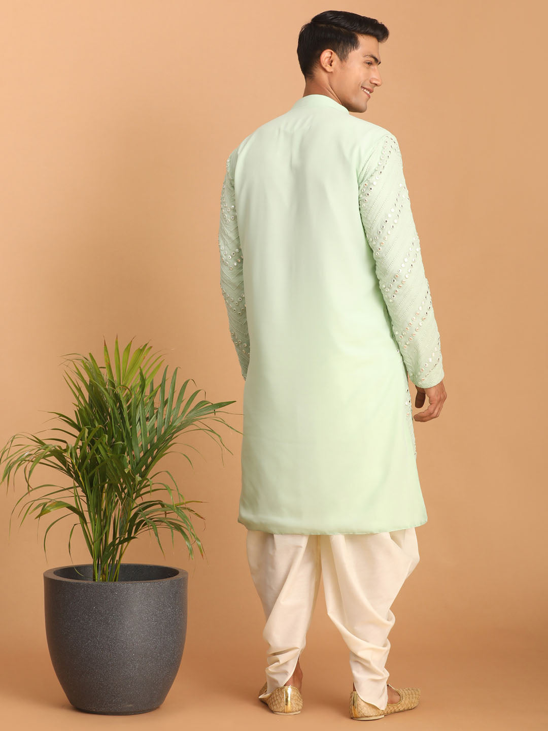 Sarvati Men's Mint Green Mirror Kurta Dhoti Set