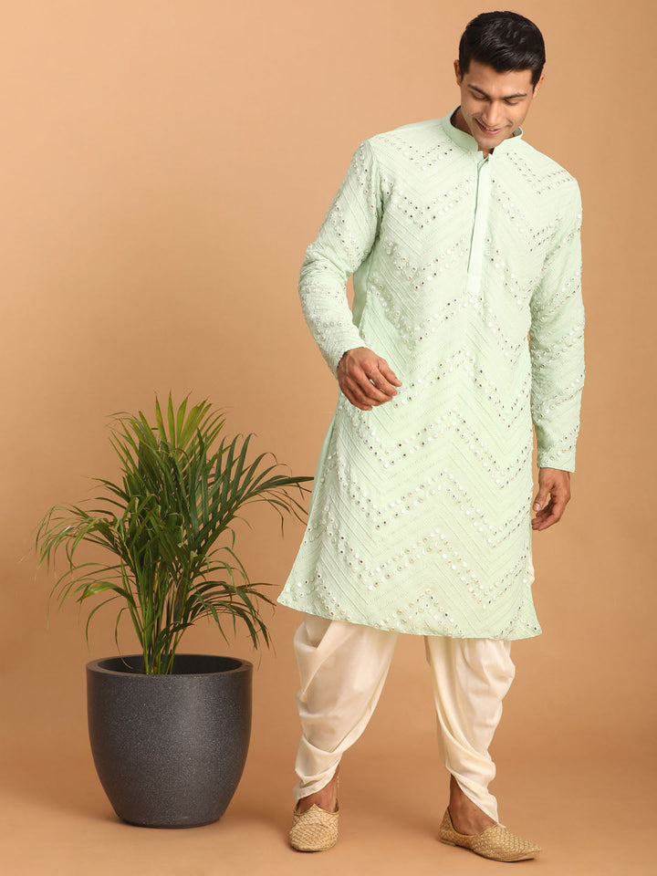 Sarvati Men's Mint Green Mirror Kurta Dhoti Set