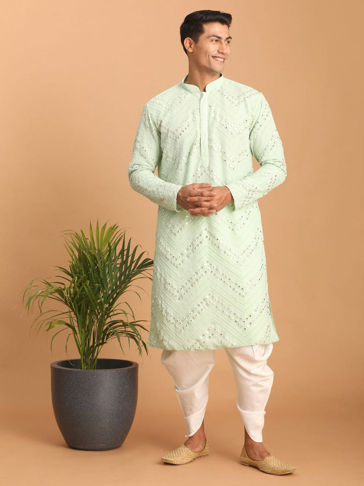 Sarvati Men's Mint Green Mirror Kurta Dhoti Set