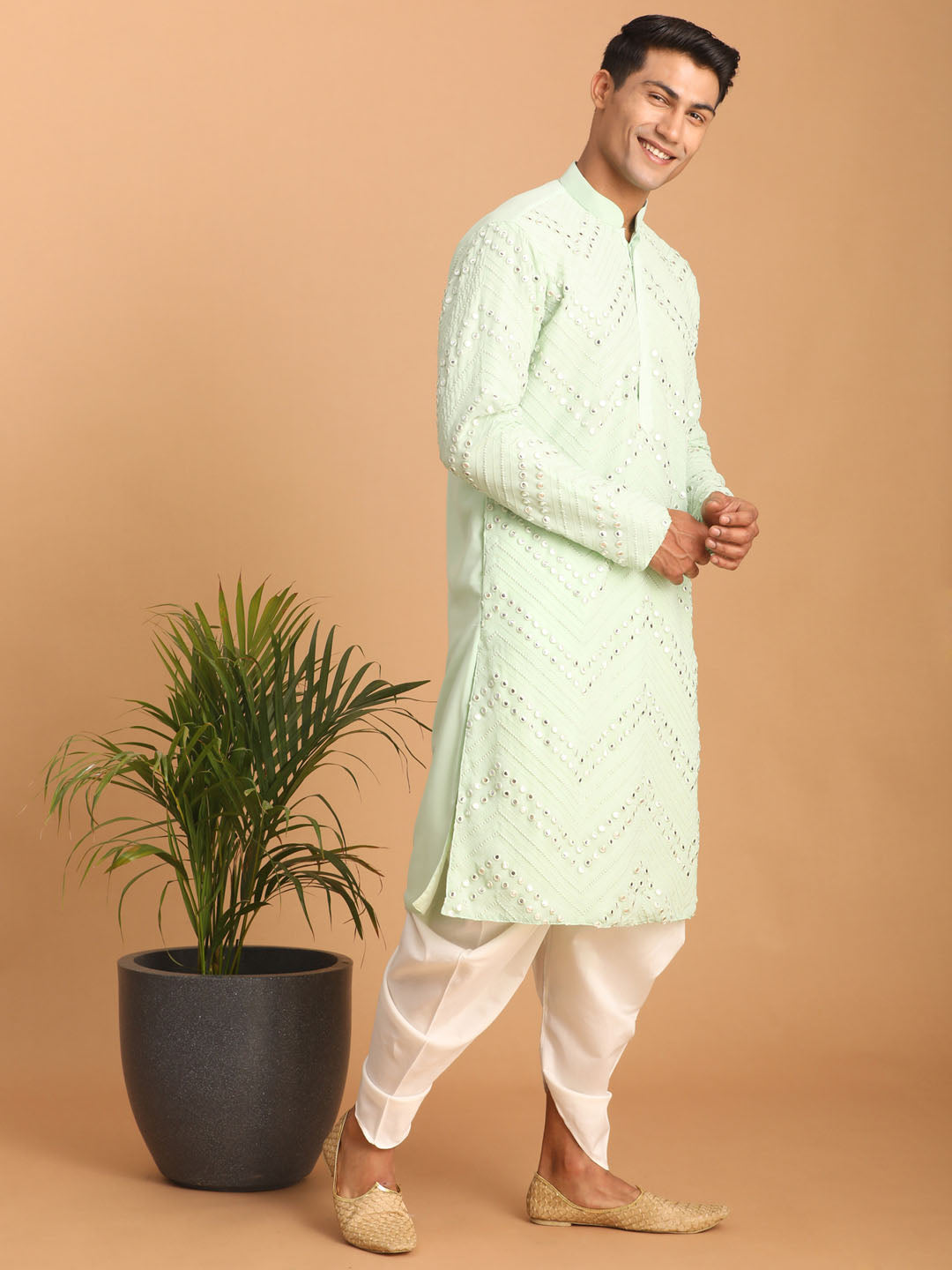 Sarvati Men's Mint Green Mirror Kurta Dhoti Set