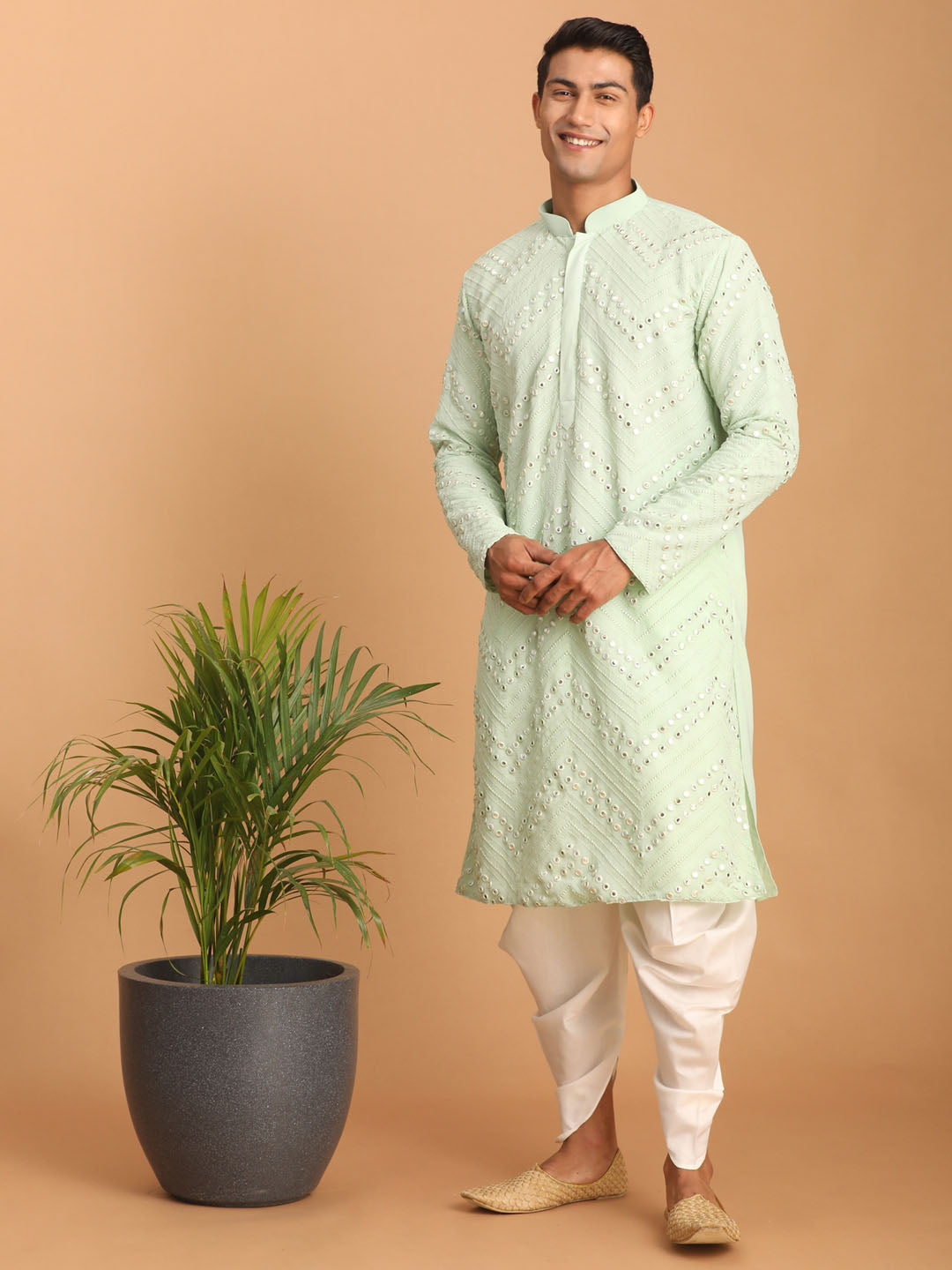 Sarvati Men's Mint Green Mirror Kurta Dhoti Set