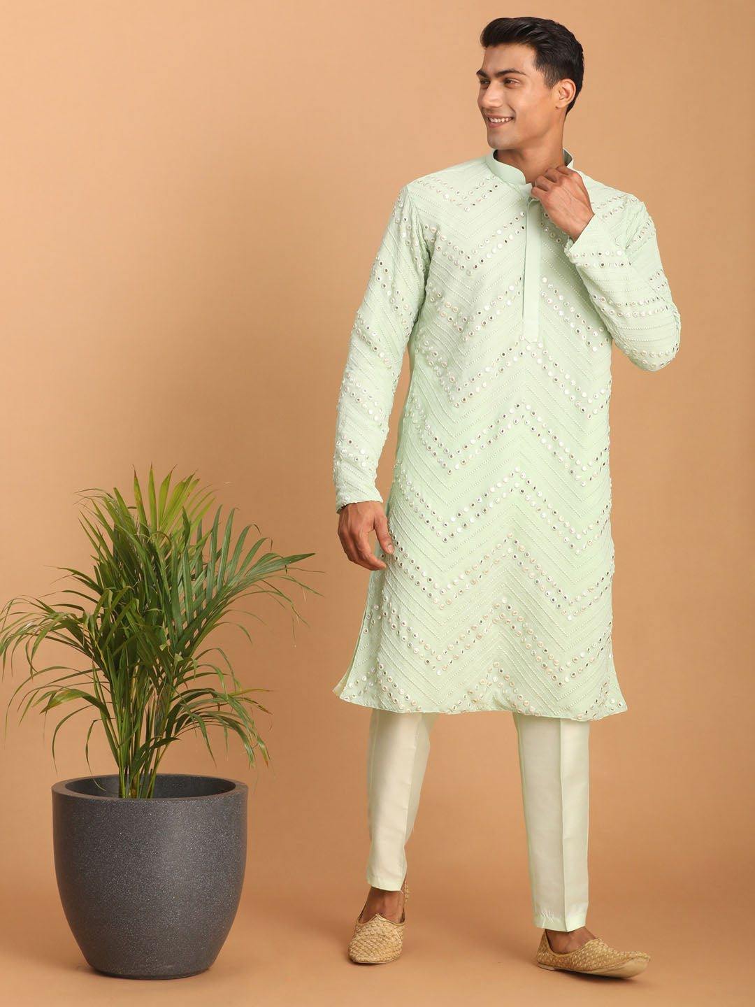 Sarvati Men's Mint Green Mirror Kurta Pant Set