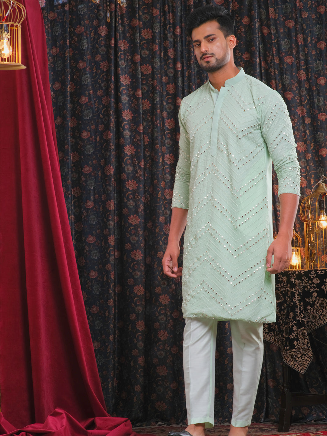 Sarvati Men's Mint Green Mirror Kurta Pant Set