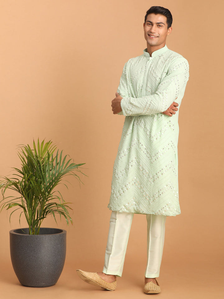 Sarvati Men's Mint Green Mirror Kurta Pant Set