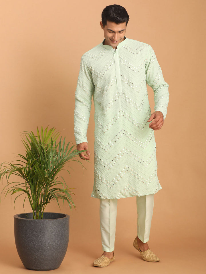 Sarvati Men's Mint Green Mirror Kurta Pant Set