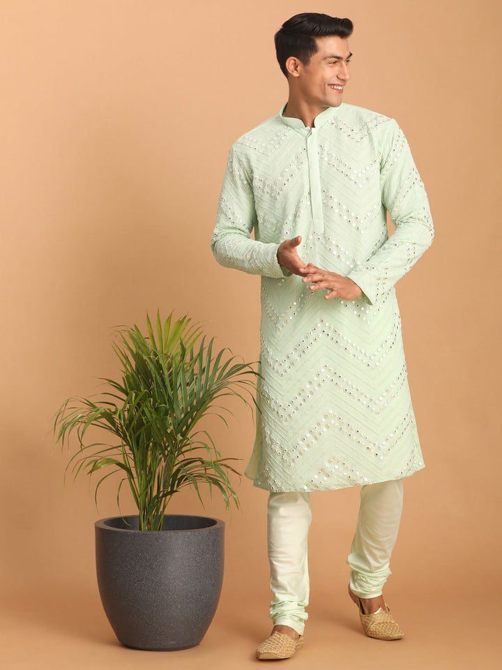 Sarvati Men's Mint Green Mirror Kurta Pyjama Set