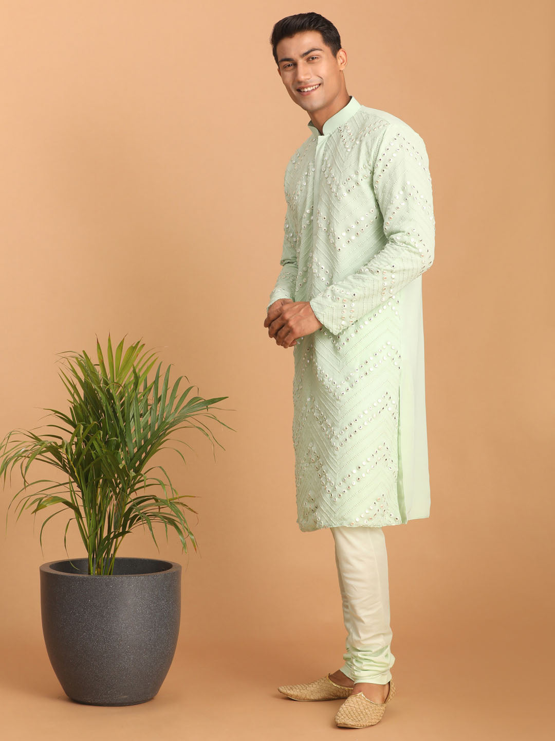 Sarvati Men's Mint Green Mirror Kurta Pyjama Set