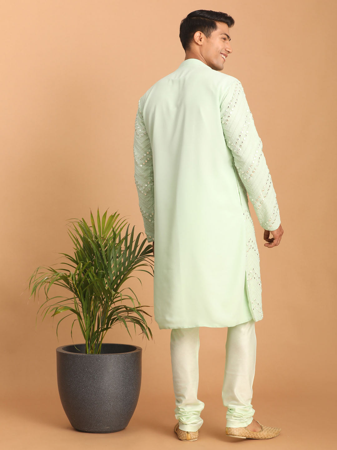 Sarvati Men's Mint Green Mirror Kurta Pyjama Set