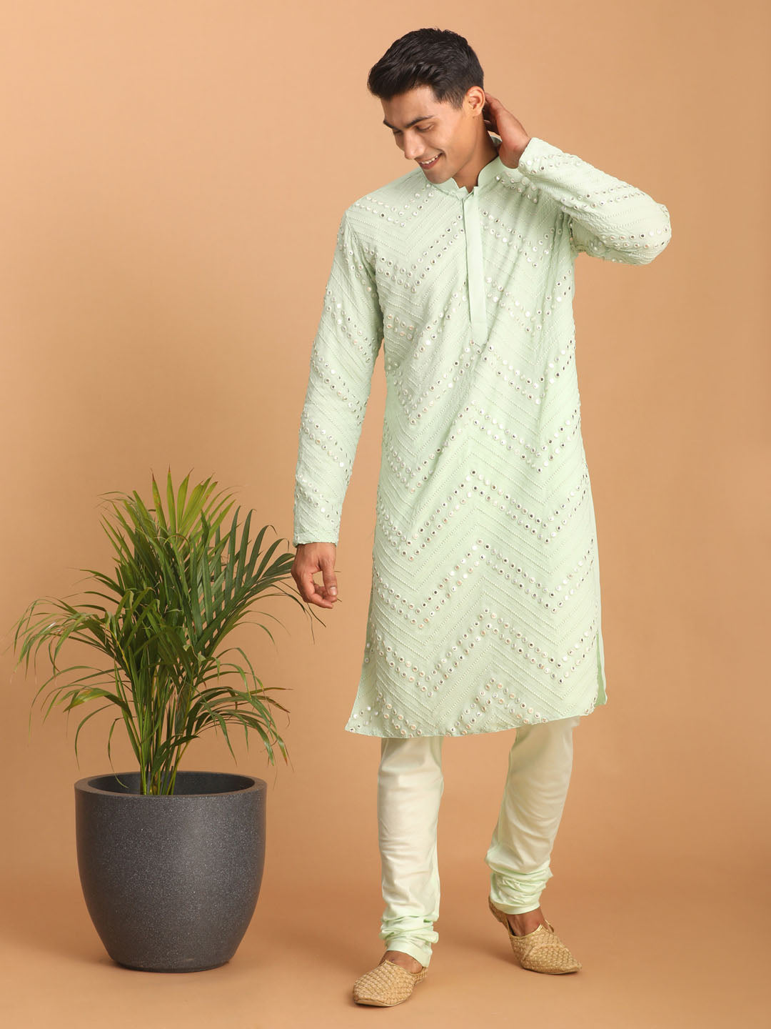 Sarvati Men's Mint Green Mirror Kurta Pyjama Set