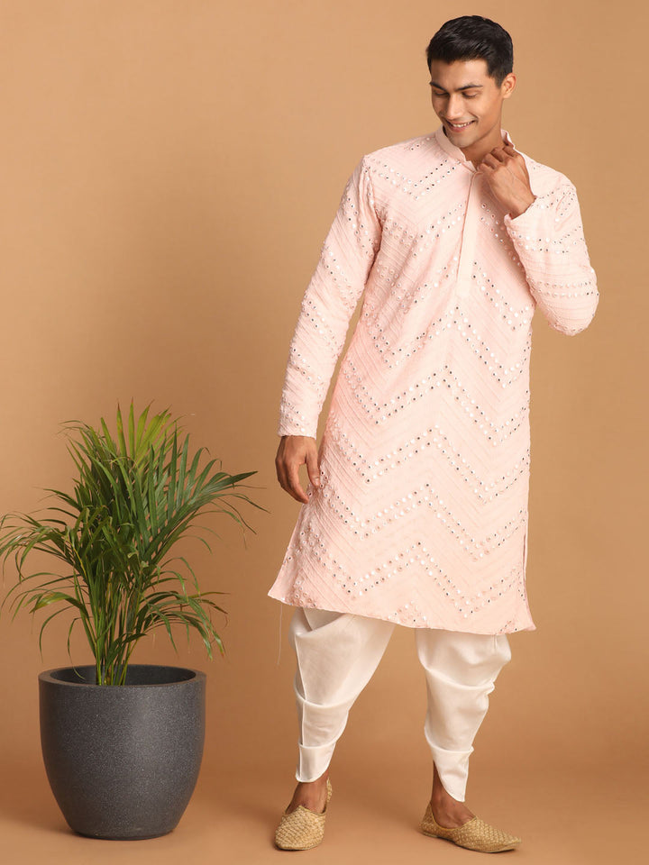 Sarvati Men's Pink Mirror Kurta dhoti Set