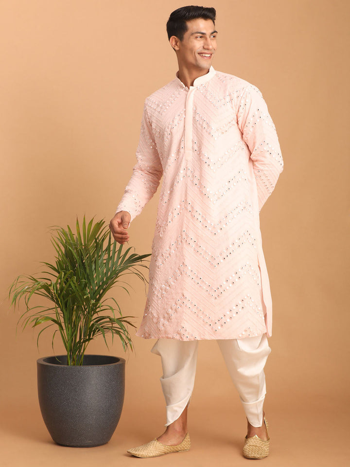 Sarvati Men's Pink Mirror Kurta dhoti Set