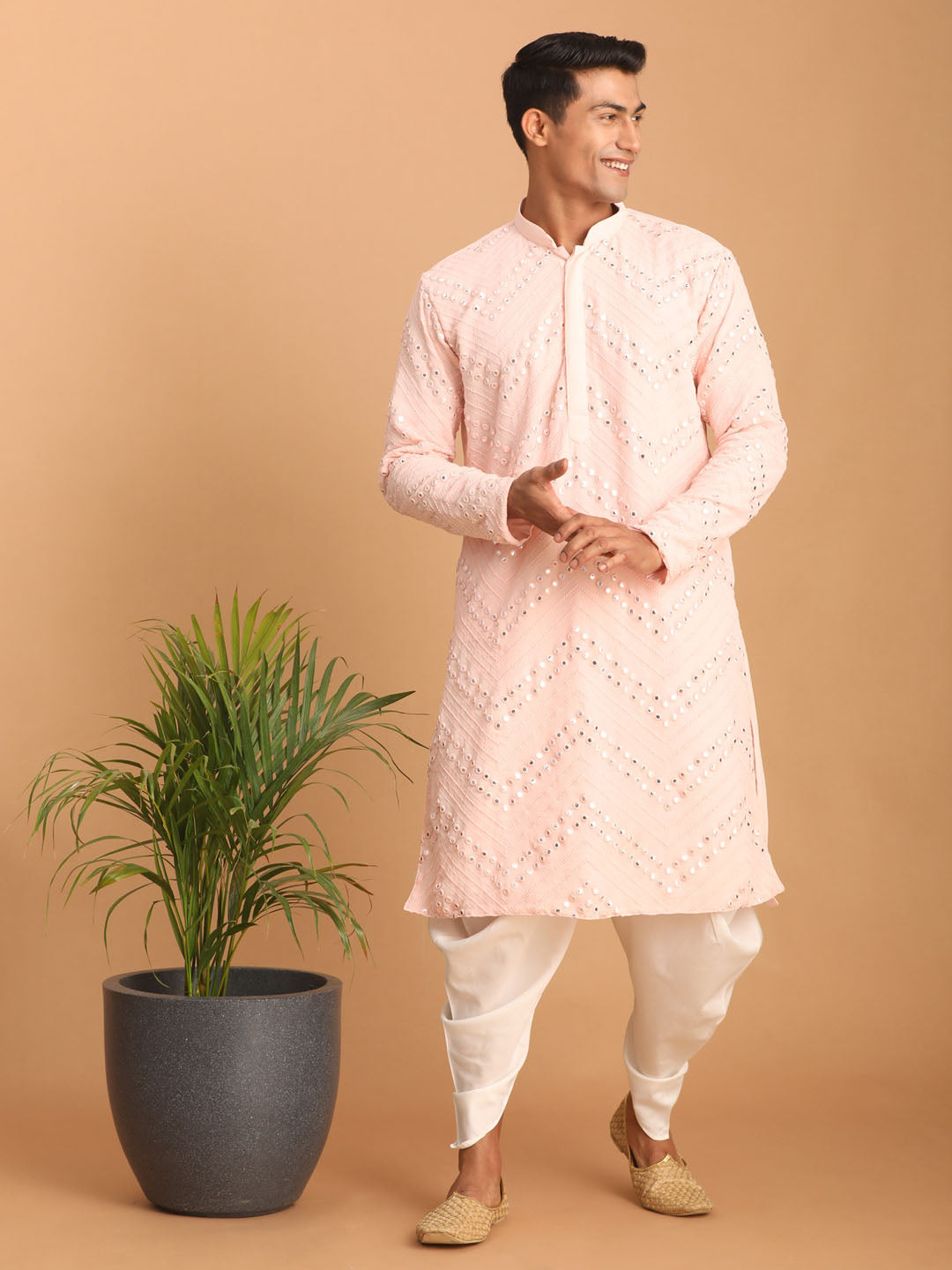 Sarvati Men's Pink Mirror Kurta dhoti Set