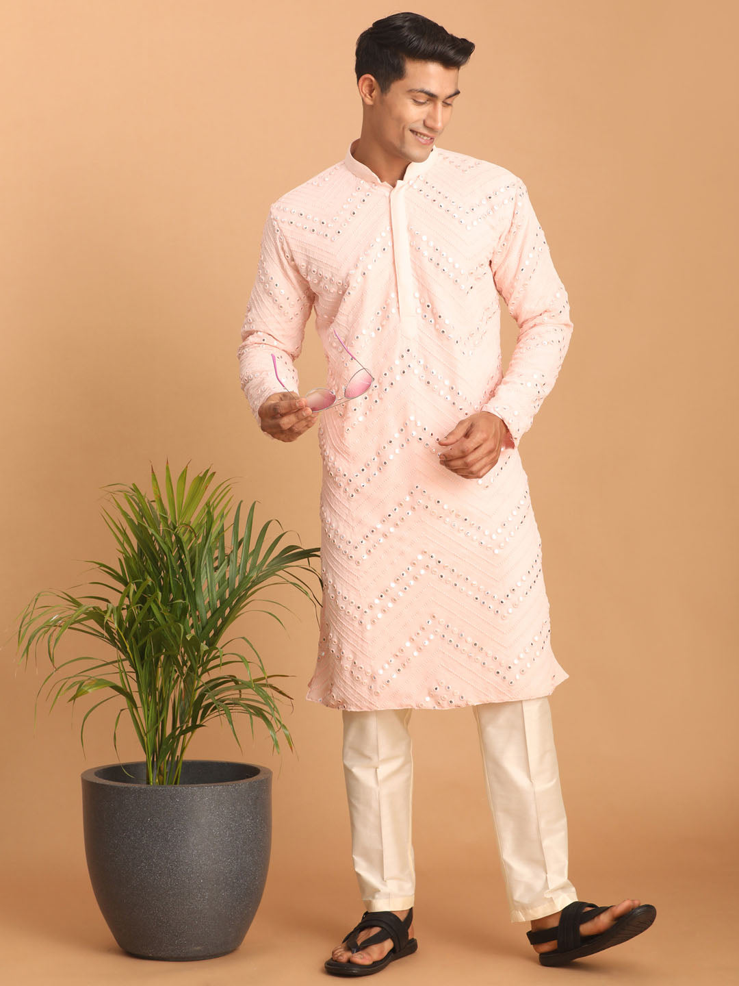 Sarvati Men's Pink Mirror Kurta Pant Set