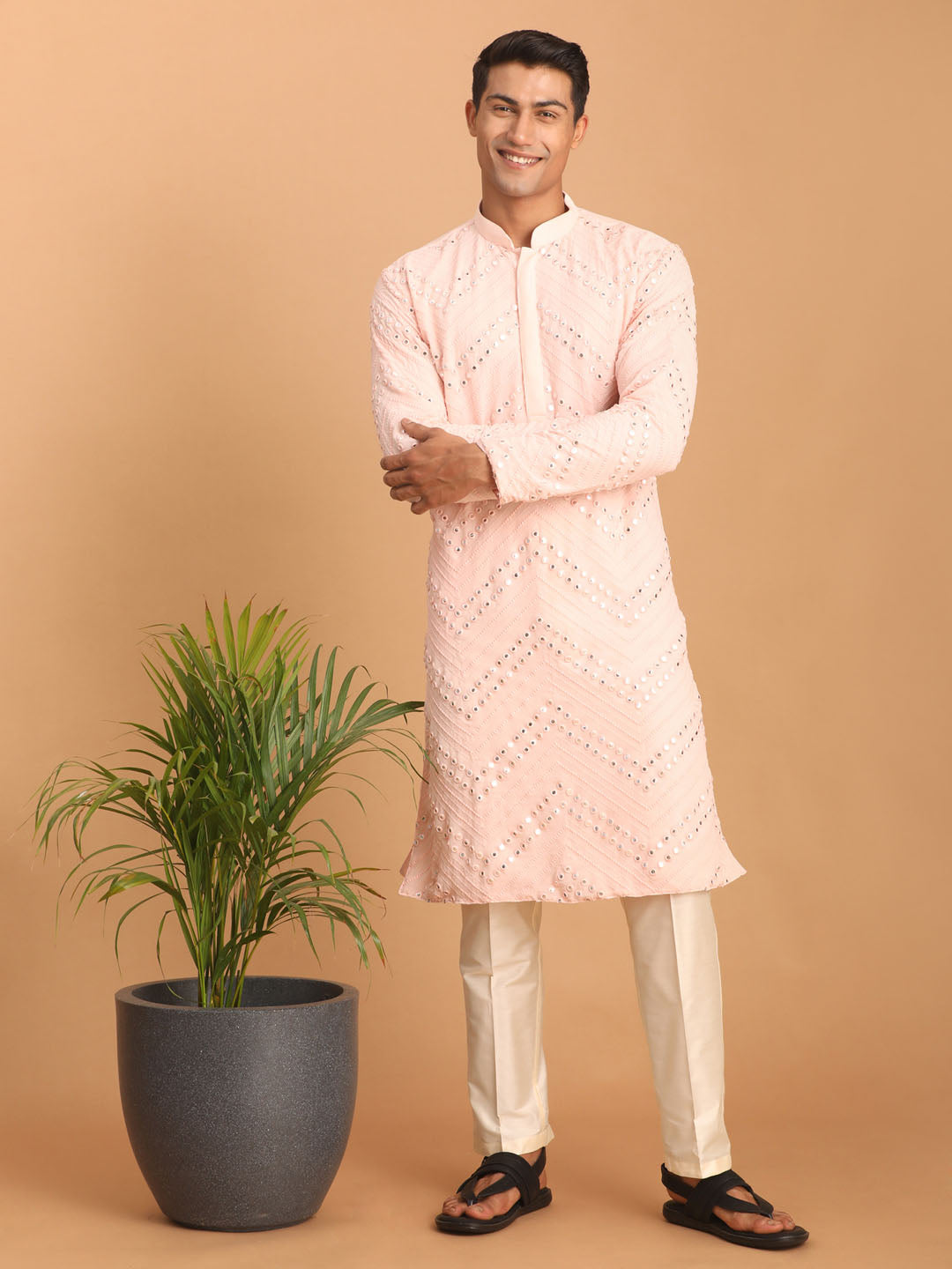 Sarvati Men's Pink Mirror Kurta Pant Set