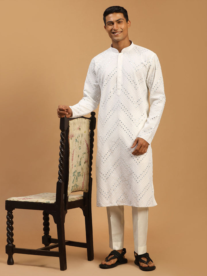 Sarvati Men's White Mirror Kurta Pant Set