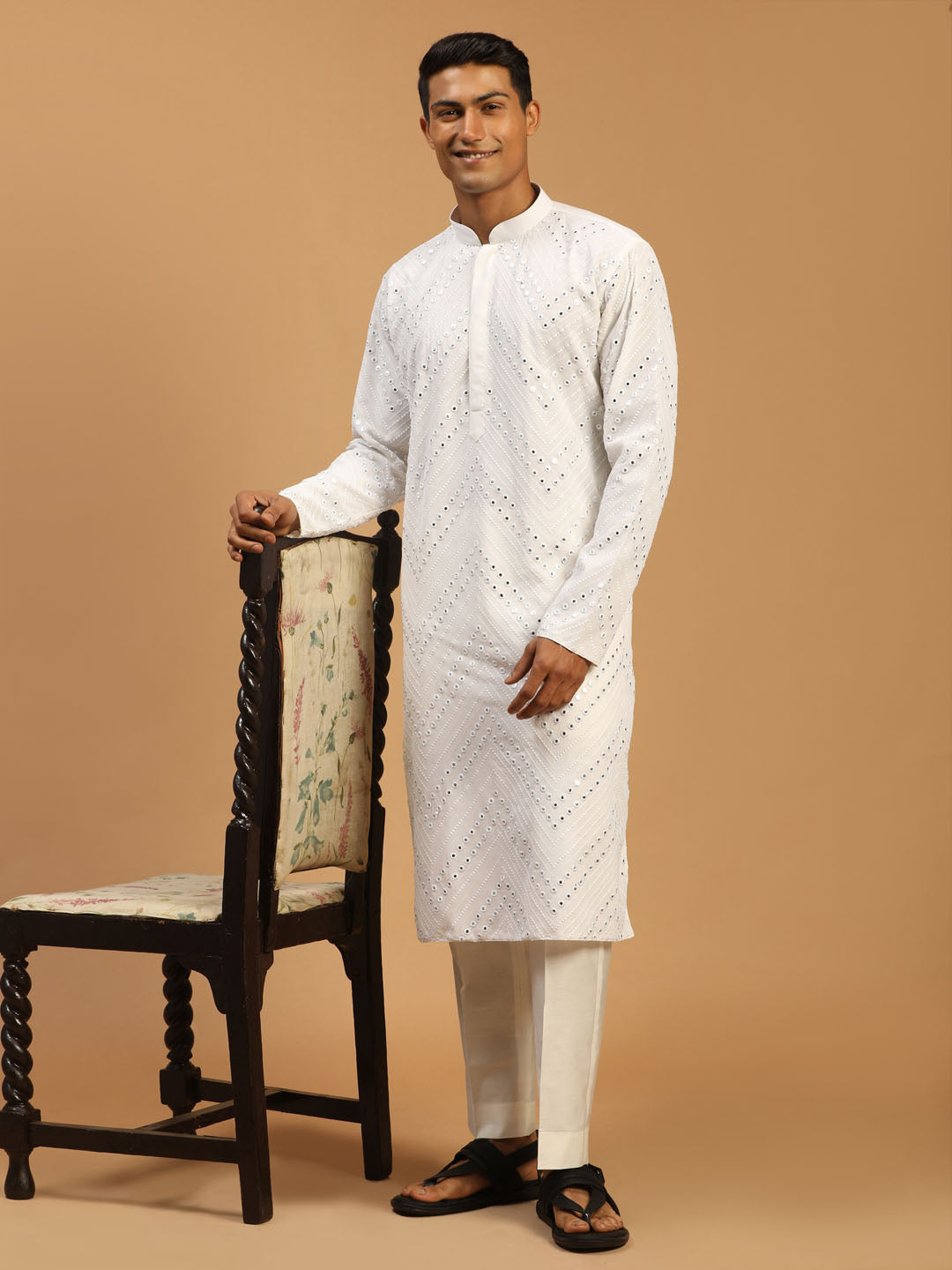 Sarvati Men's White Mirror Kurta Pant Set