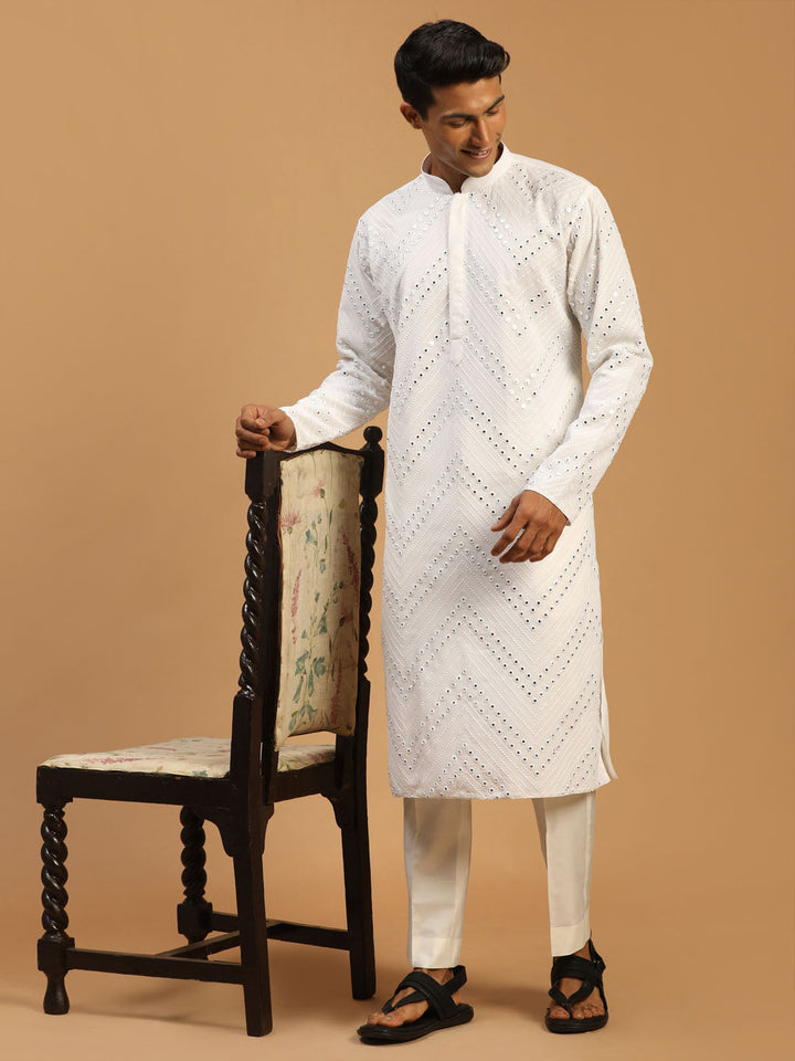 Sarvati Men's White Mirror Kurta Pant Set