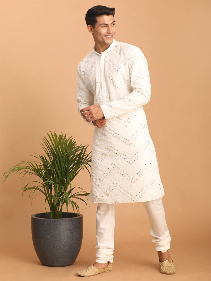 Sarvati Men's White Mirror Kurta Pyjama Set