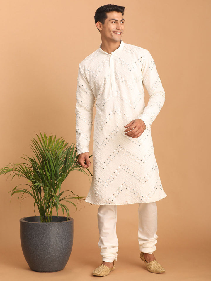 Sarvati Men's White Mirror Kurta Pyjama Set