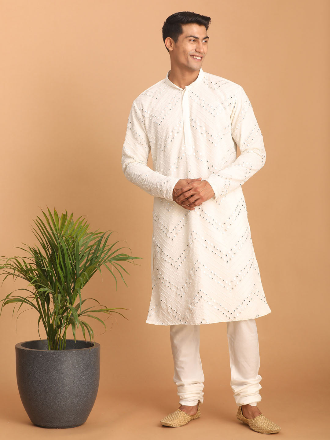 Sarvati Men's White Mirror Kurta Pyjama Set