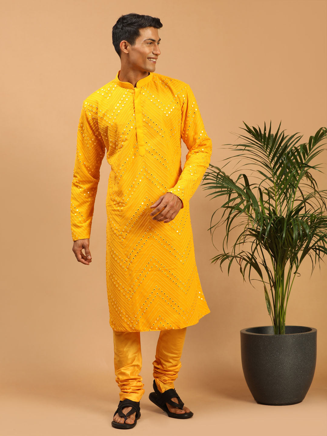 Sarvati Men's Yellow Mirror Kurta Pyjama Set