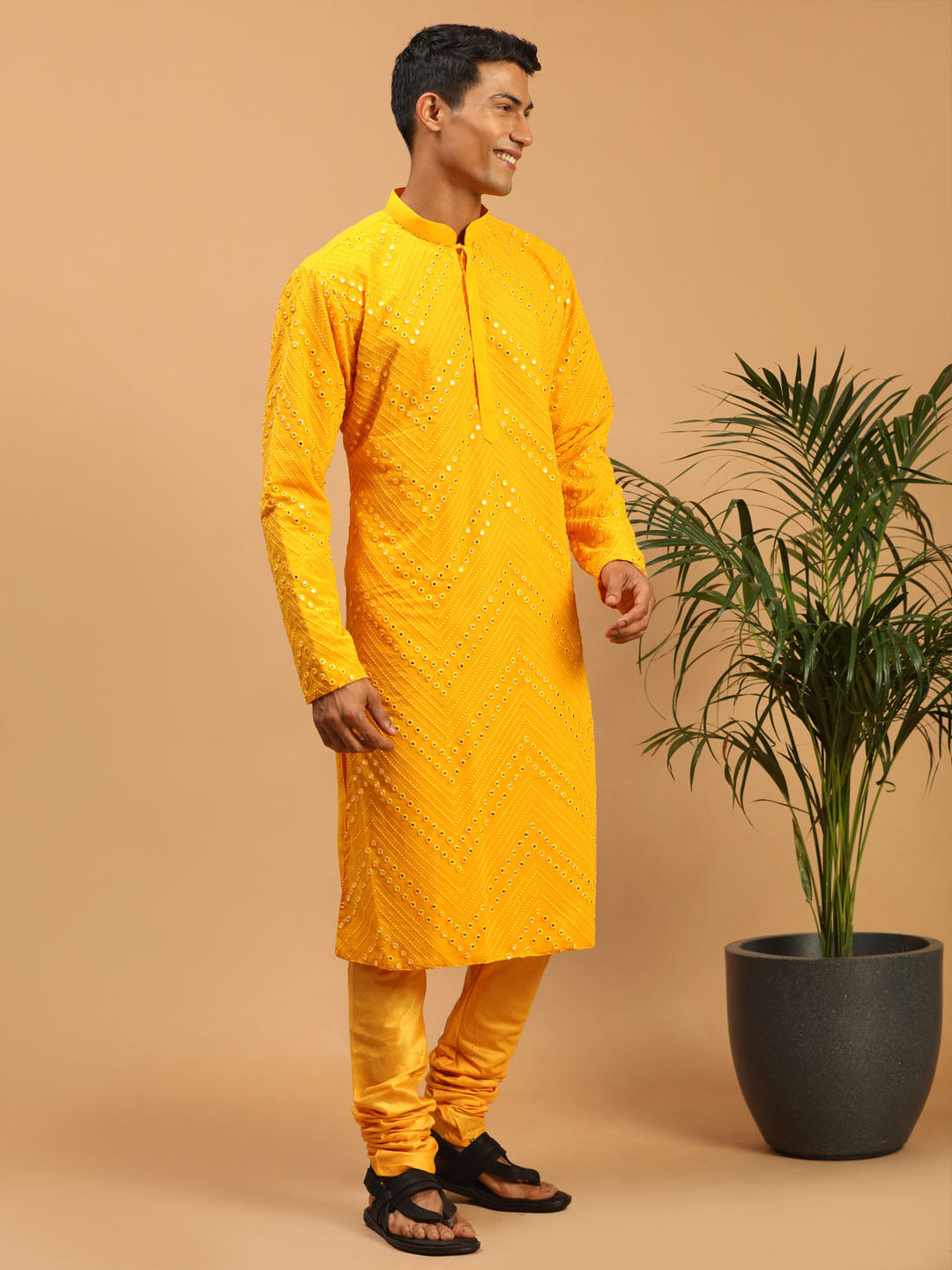 Sarvati Men's Yellow Mirror Kurta Pyjama Set