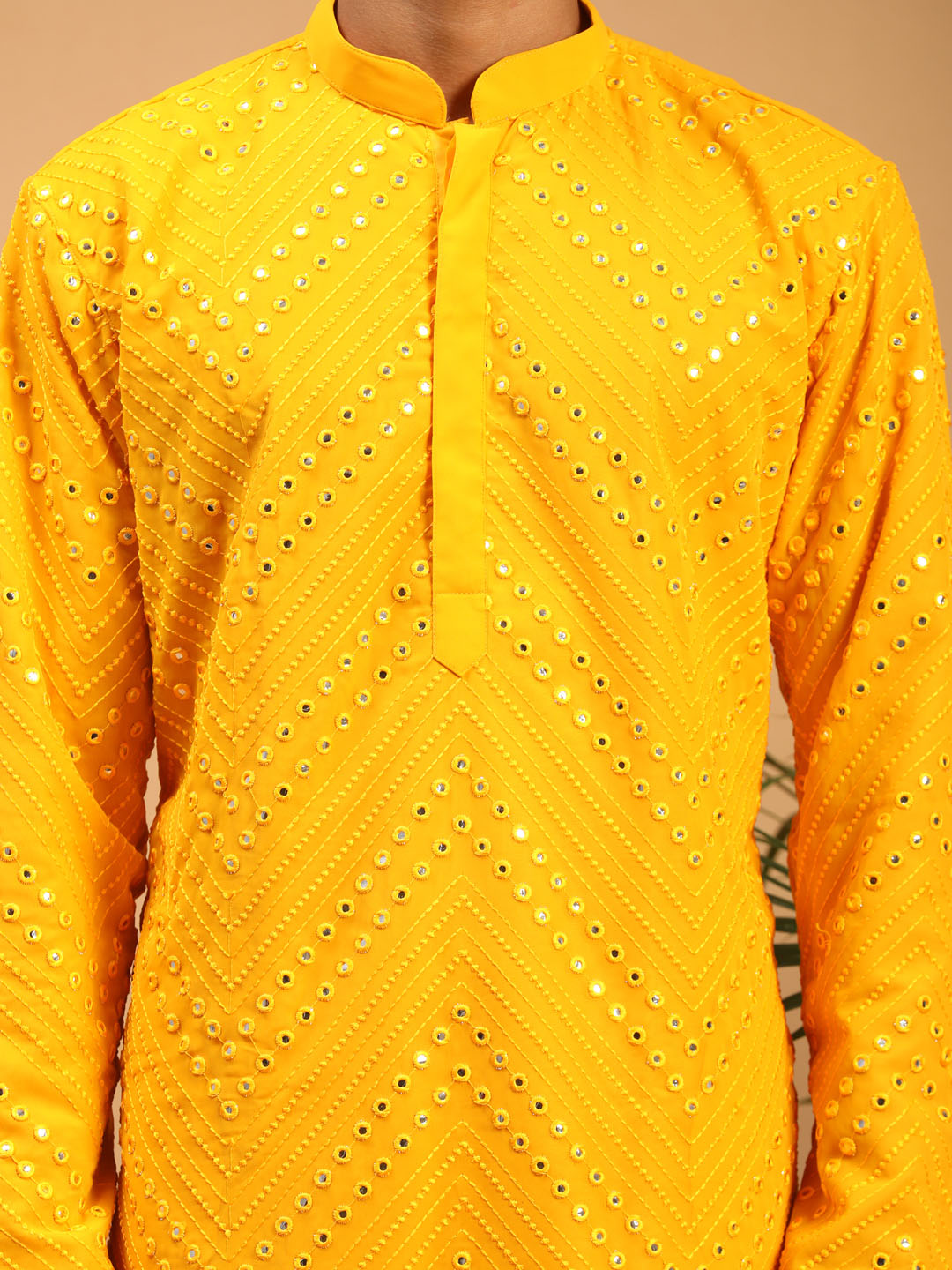 Sarvati Men's Yellow Mirror Kurta Pyjama Set