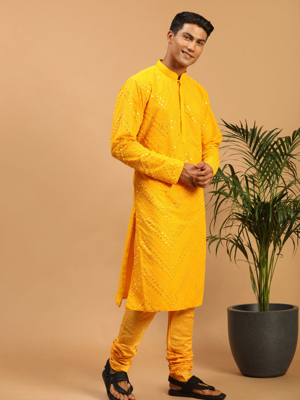 Sarvati Men's Yellow Mirror Kurta Pyjama Set