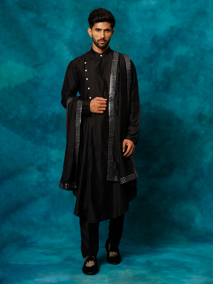 Sarvati Men's Black Pleated Kurta Pant With Dupatta Set