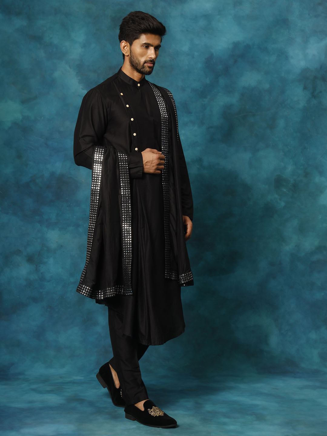 Sarvati Men's Black Pleated Kurta Pant With Dupatta Set