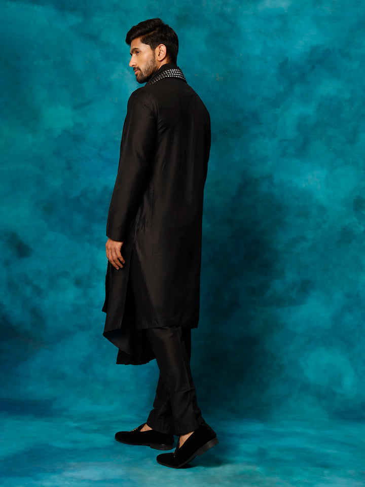 Sarvati Men's Black Pleated Kurta Pant With Dupatta Set