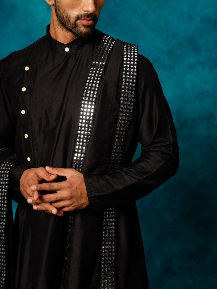 Sarvati Men's Black Pleated Kurta Pant With Dupatta Set